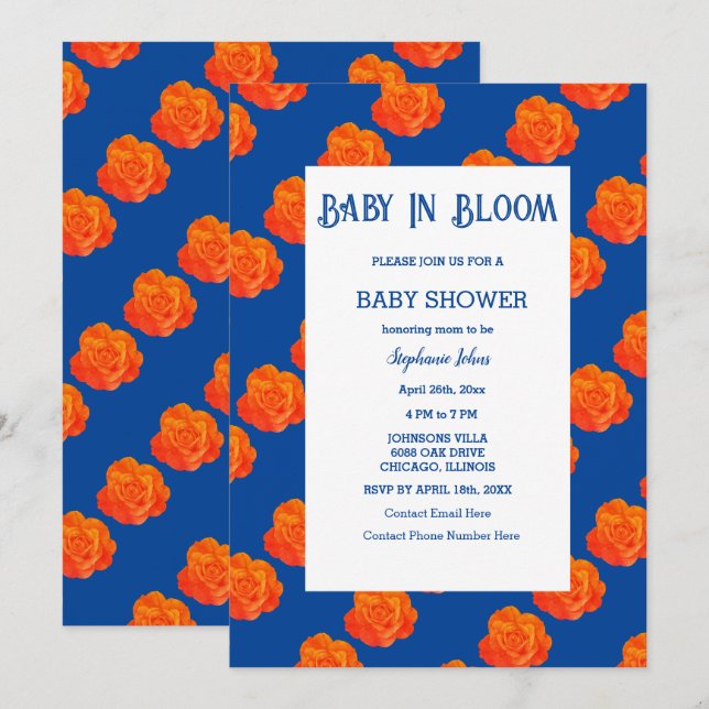 Invitación Bebé floral en sangre Naranja de Baby Shower azul (Anverso / Reverso)