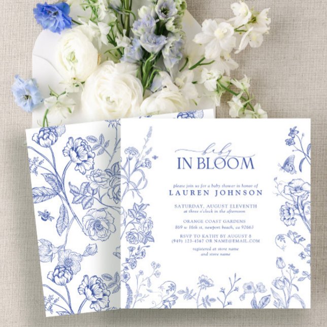 Invitación Bebé floral francés azul y blanco victoriano en fl (Subido por el creador)
