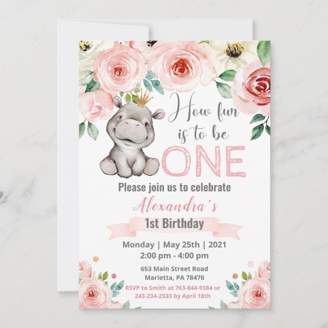 Invitación Bebé floral Hippo Princess Birthday Party (Anverso)