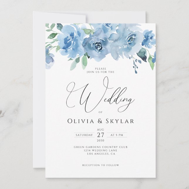 Invitación Bebé Floral Luz Azul Código QR Todo En Un Boda (Anverso)