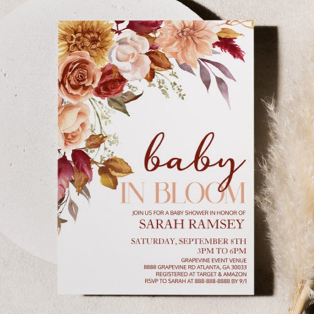 Invitación Bebé floral marrón borgoña en Baby Shower en sangr (Subido por el creador)