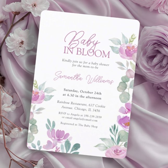 Invitación Bebé floral moderno en acuarela rosa en flor (Subido por el creador)