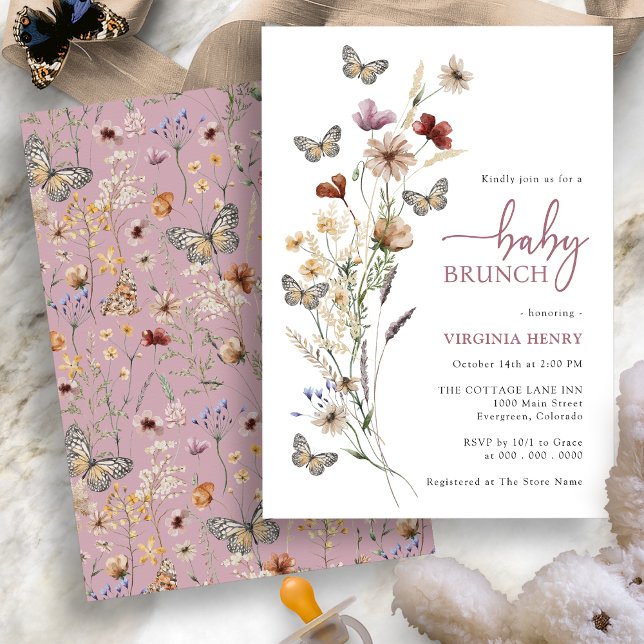 Invitación Bebé Floral Rosa Brunch (Dusty Pink Boho Floral Baby Brunch Invitation with Butterflies by Painted Paperie
)