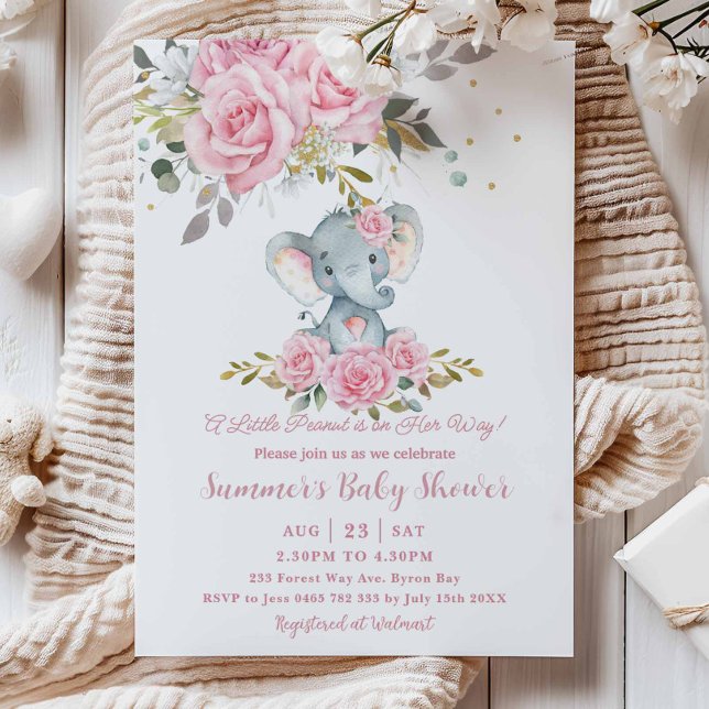 Invitación Bebé Floral Rosa Cute Elephant Chica Baby Shower (Subido por el creador)