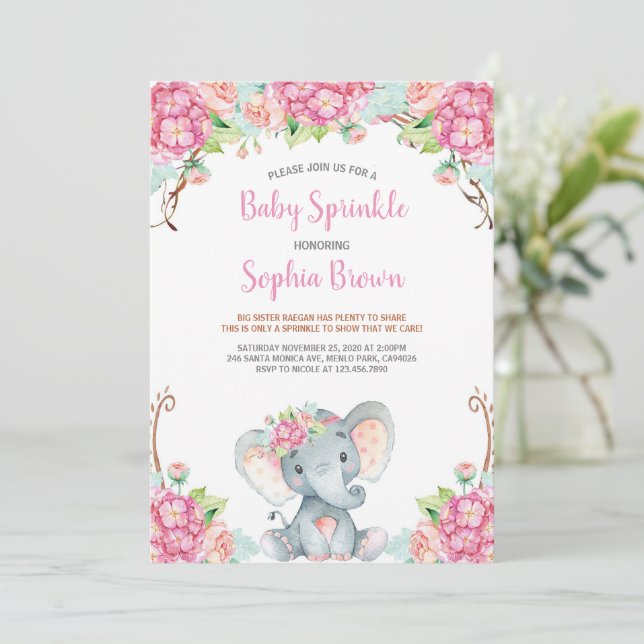 Invitación Bebé Floral Rosa Cute Elephant Chica Baby Shower (Anverso de pie)