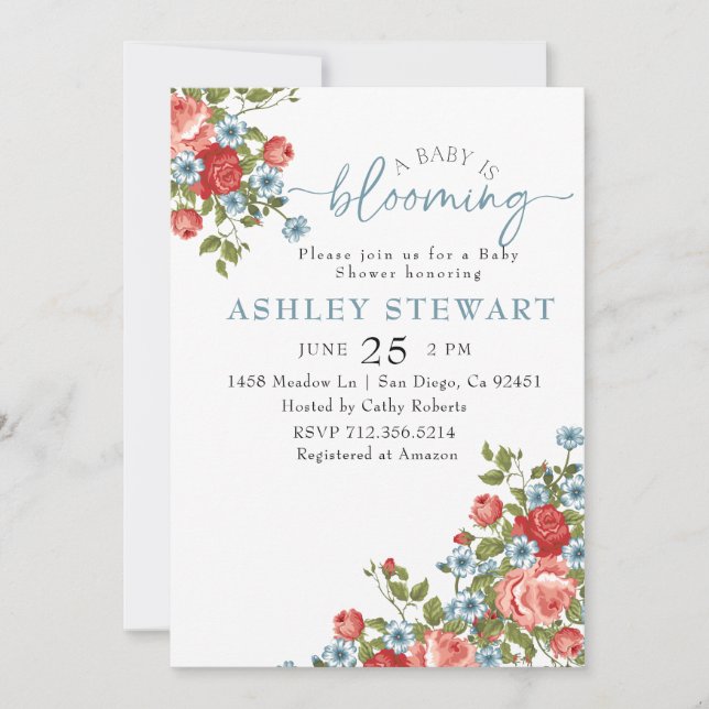 Invitación Bebé floral rosa en Baby Shower, Chica de sangre (Anverso)