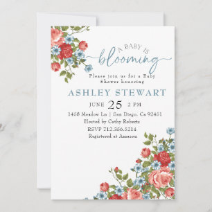 Invitación Bebé floral rosa en Baby Shower, Chica de sangre