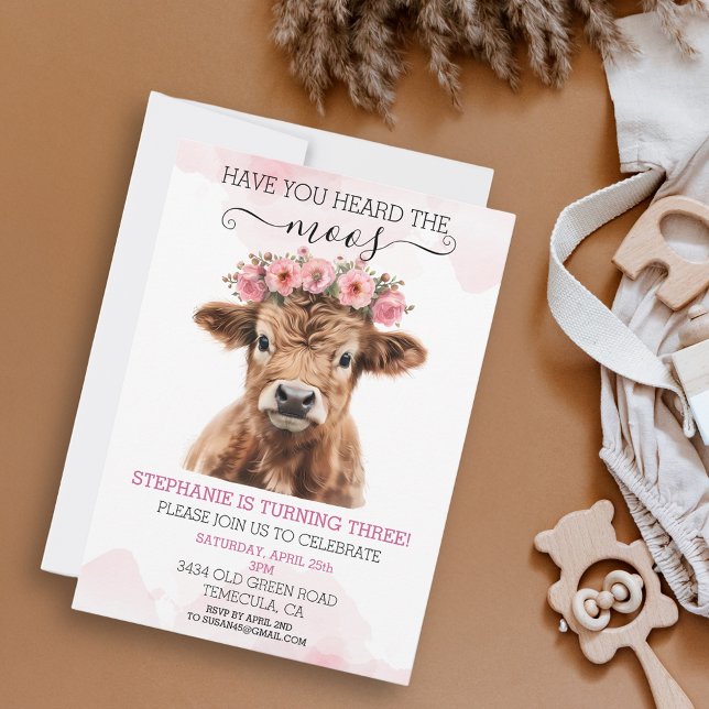 Invitación Bebé floral rosa Highland Cow Cumpleaños (Subido por el creador)