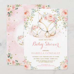 Invitación Bebé Floral Rosa Rubor Chica Woodland Fox