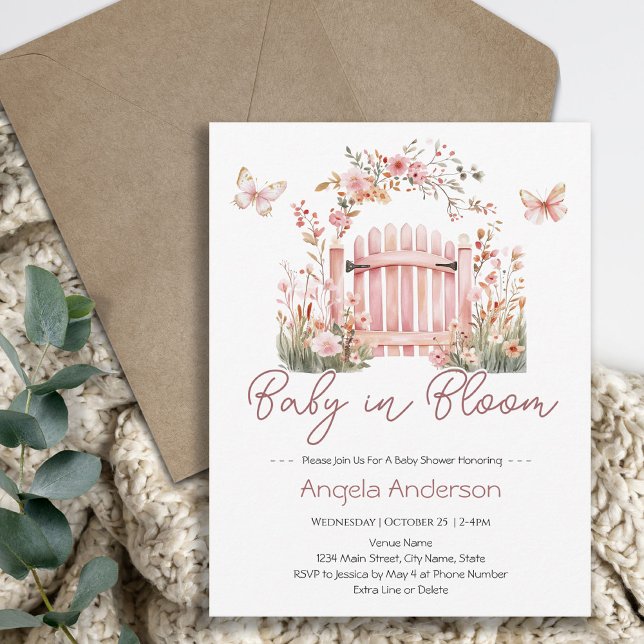 Invitación Bebé floral rosado en Baby Shower de mariposa en f (Subido por el creador)