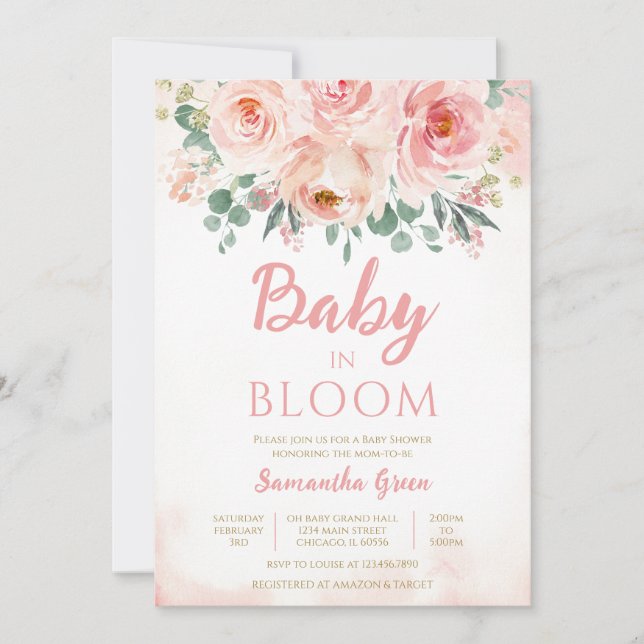 Invitación Bebé floral rosado en Baby Shower en sangre (Anverso)