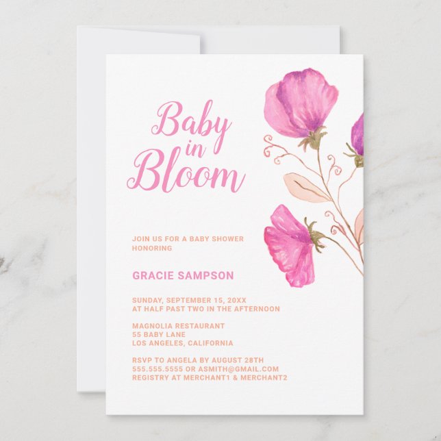 Invitación Bebé floral rosado en Baby Shower en sangre (Anverso)