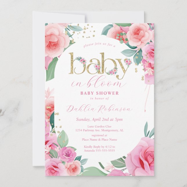 Invitación Bebé floral rosado en Baby Shower en sangre (Anverso)
