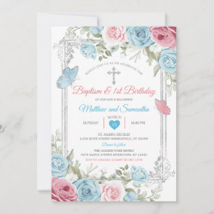 Invitación Bebé floral rosado plateado Bautismo azul Primer c
