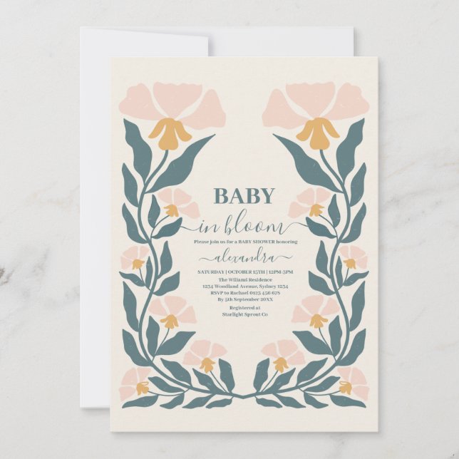 Invitación Bebé floral rosado Rubor en Chica de ducha de sang (Anverso)