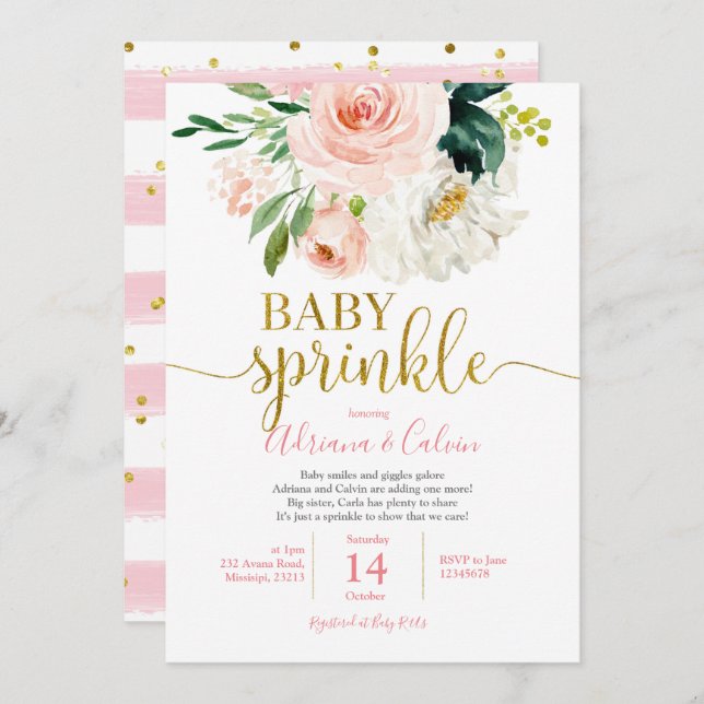 Invitación Bebé floral rosado Rubor Sprinkle Shower (Anverso / Reverso)