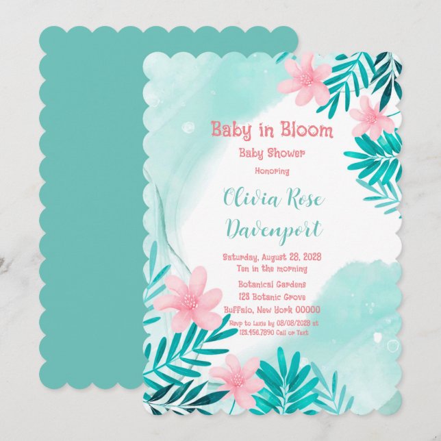 Invitación Bebé floral verde azulado y rosa en Bloom Baby Sho (Anverso / Reverso)