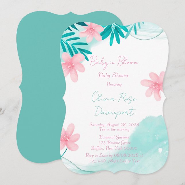 Invitación Bebé floral verde azulado y rosa en el Baby Shower (Anverso / Reverso)