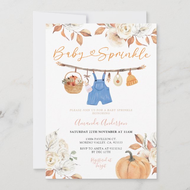 Invitación Bebé florido Clothesline Calabaza Caída Bebé Raspl (Anverso)