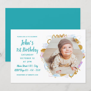 Invitación Bebé fotográfico simple colorido de primer cumplea