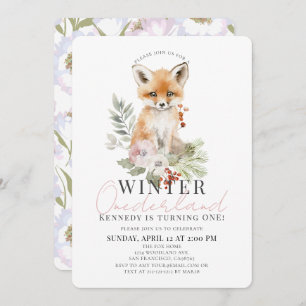Invitación Bebé Fox Winter Onederland Chica Primer cumpleaños
