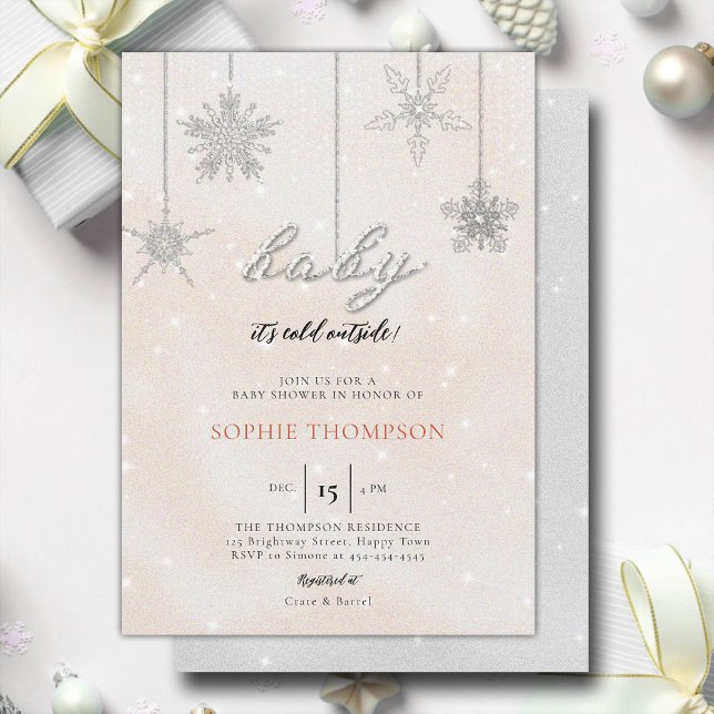 Invitación Bebé frío afuera Purpurina Snowflakes Chica Ducha (baby its cold outside baby shower invitation rhinestone glitter sparkle snowflakes girl pink elegant)