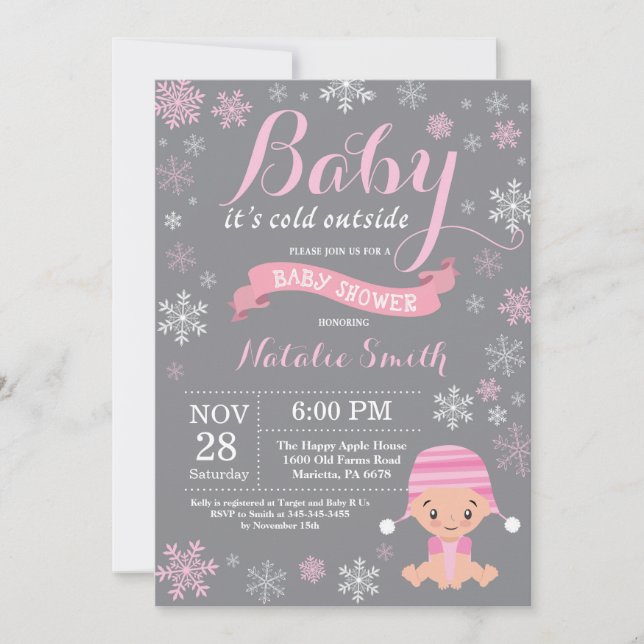 Invitación Bebé, frío fuera, Chica de invierno Baby Shower ro (Anverso)
