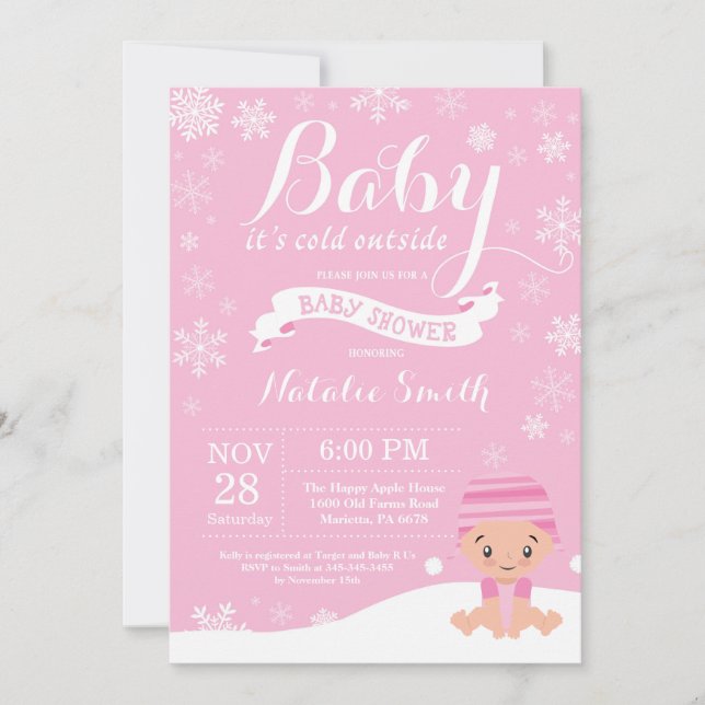 Invitación Bebé, frío fuera, Chica de invierno Baby Shower ro (Anverso)