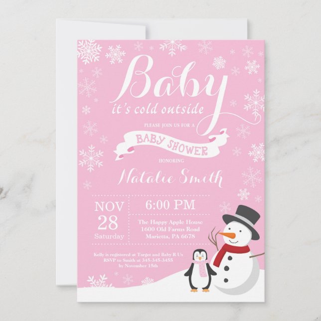 Invitación Bebé, frío fuera, Chica de invierno Baby Shower ro (Anverso)