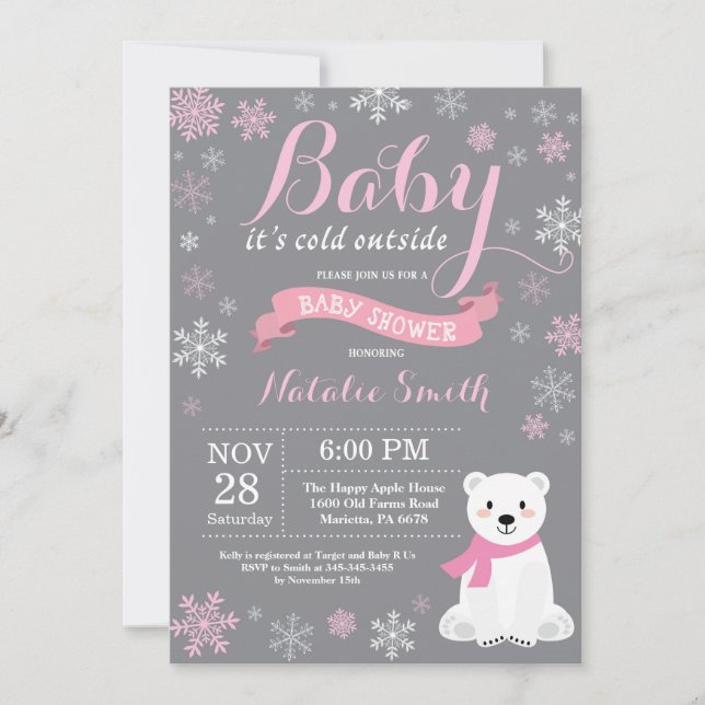 Invitación Bebé, frío fuera, Chica de invierno Baby Shower ro (Anverso)