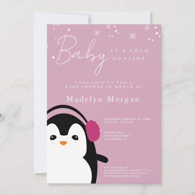 Invitación Bebé, frío fuera Chica, pingüino rosado (Anverso)
