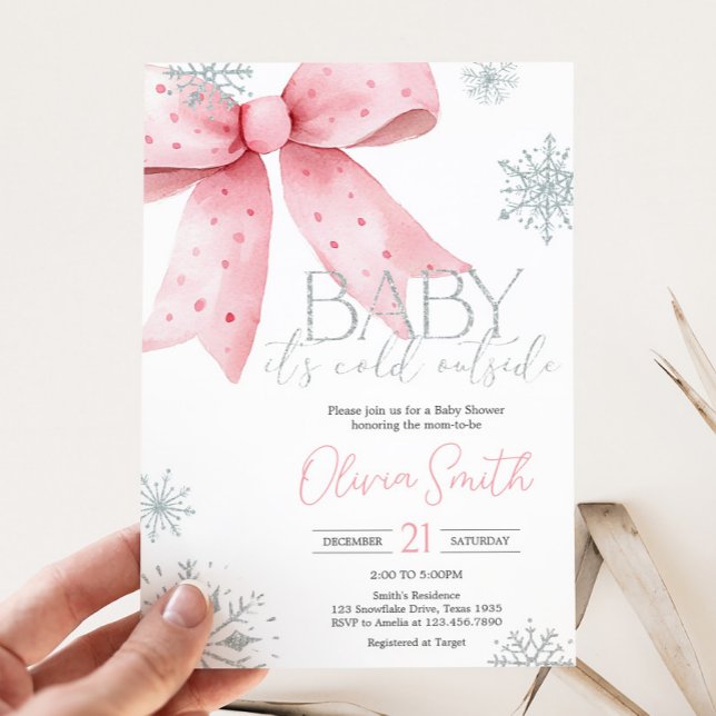 Invitación Bebé, frío fuera de Baby Shower de Bow Rosado (Winter Pink Bow Baby Shower Invitation
)