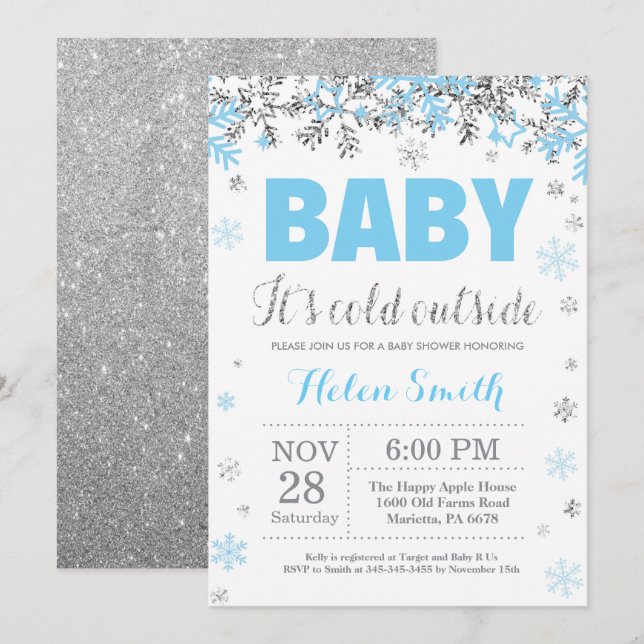 Invitación Bebé, frío fuera de Blue Silver Boy Baby Shower (Anverso / Reverso)