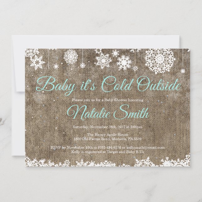 Invitación Bebé, frío fuera de Burlap Winter Baby Shower (Anverso)