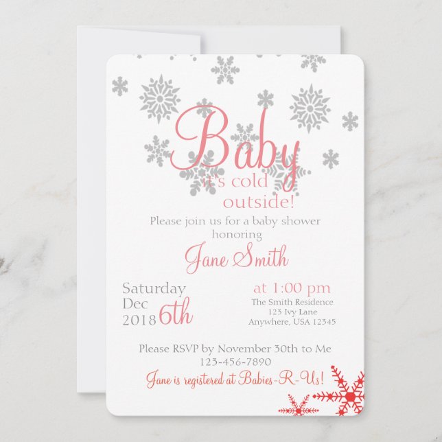 Invitación Bebé, frío fuera de Coral Snowflake (Anverso)