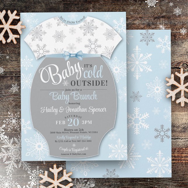Invitación Bebé, frío fuera de niño, invierno de copo de niev (Baby It's Cold Outside Bodysuit light pastel blue and gray Snowflake Baby Brunch Shower Invitation)