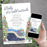 Invitación Bebé, frío fuera de Vintage Sleigh Baby Shower<br><div class="desc">Invitación a la ducha de bebé con navidad vintage con "Baby its Cold Outside" en escritura informal escrita a mano. Este diseño de acuarela festivo incluye una gran pila de regalos, un árbol de navidad decorado y pinos nevados en azul y blanco. Perfecto para la temporada festiva. Por favor, navegue...</div>