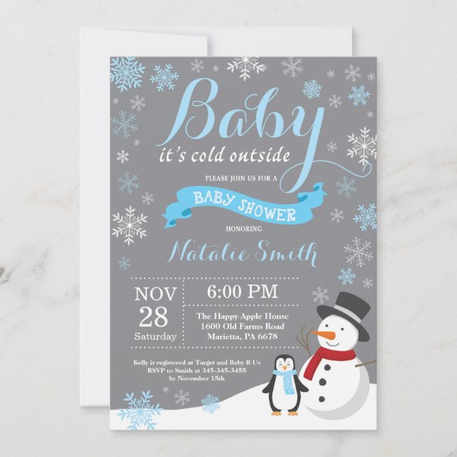 Invitación Bebé, frío fuera de Winter Boy Baby Shower Blue (Anverso)