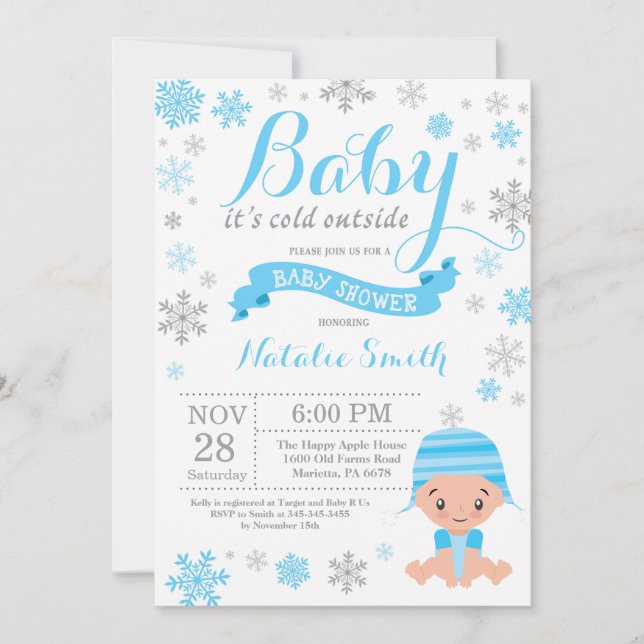 Invitación Bebé, frío fuera de Winter Boy Baby Shower Blue (Anverso)