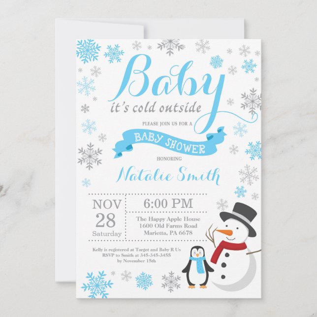 Invitación Bebé, frío fuera de Winter Boy Baby Shower Blue (Anverso)