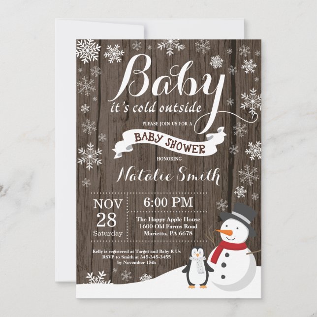 Invitación Bebé, frío fuera del Baby Shower de invierno rústi (Anverso)