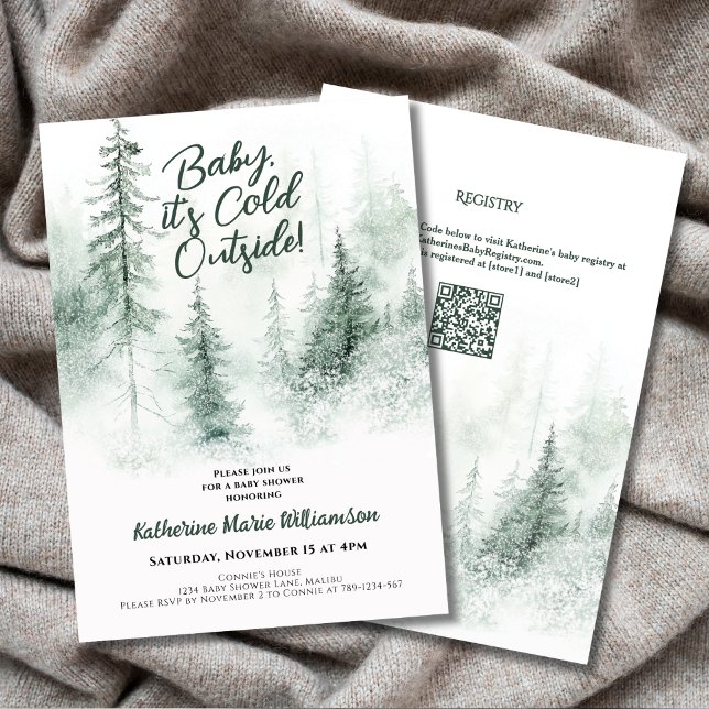 Invitación Bebé, frío fuera del Baby Shower de la Selva de In (Baby It's Cold Outside Winter Forest Baby Shower Invitation with Watercolor Green Forest, QR Code.)