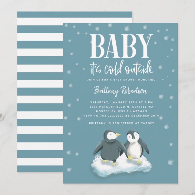 Invitación Bebé, frío fuera del Baby Shower de los Pingüinos  (Anverso / Reverso)