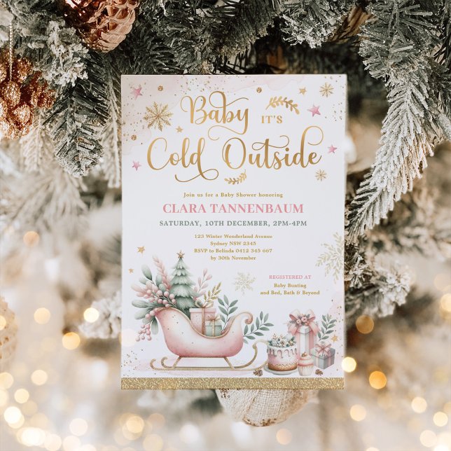 Invitación Bebé, frío fuera del Baby Shower de Navidades rosa (Subido por el creador)