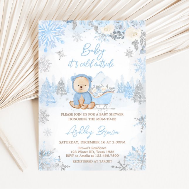 Invitación Bebé, frío fuera del Baby Shower del oso azul (Blue Winter Bear Baby Shower Invitation )