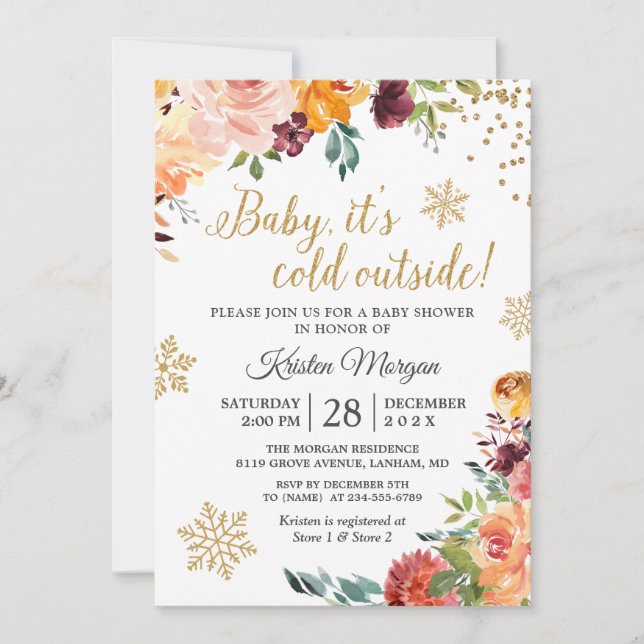 Invitación Bebé, frío fuera del Baby Shower floral de Borgoña (Anverso)