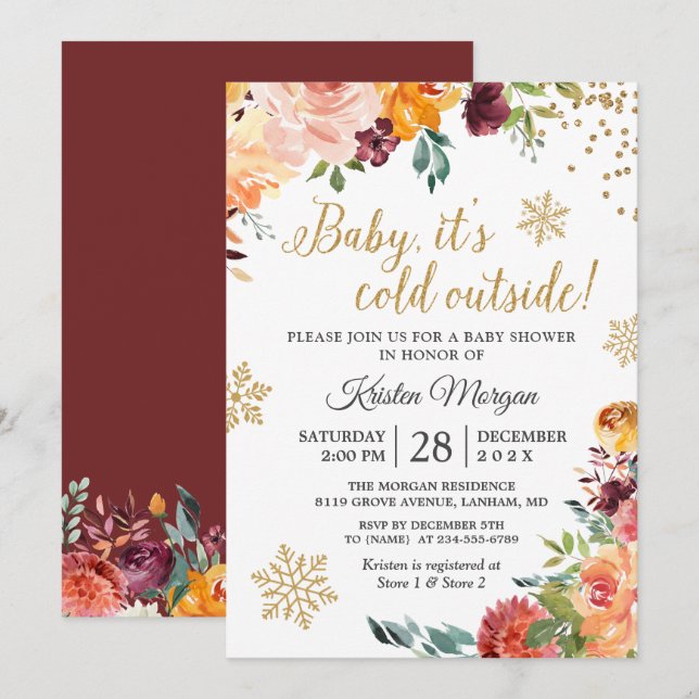 Invitación Bebé, frío fuera del Baby Shower floral de Borgoña (Anverso / Reverso)