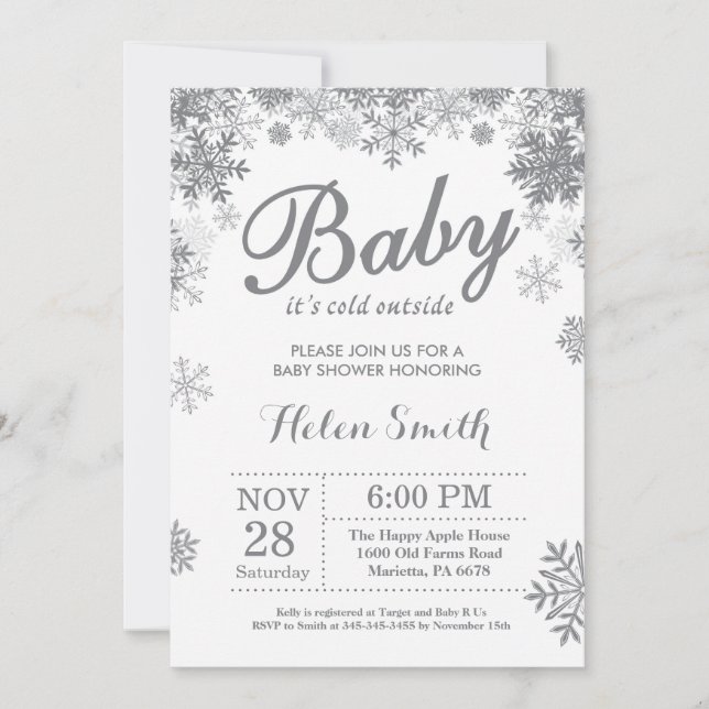 Invitación Bebé, frío fuera del Baby Shower gris invernal (Anverso)