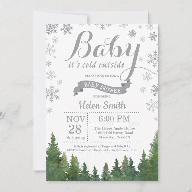 Invitación Bebé, frío fuera del Baby Shower gris invernal (Anverso)