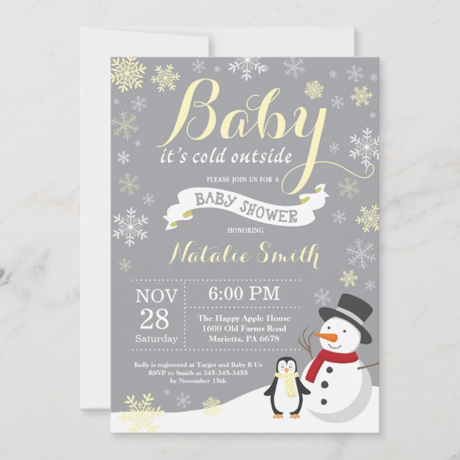 Invitación Bebé, frío fuera del invierno Baby Shower amarillo (Anverso)